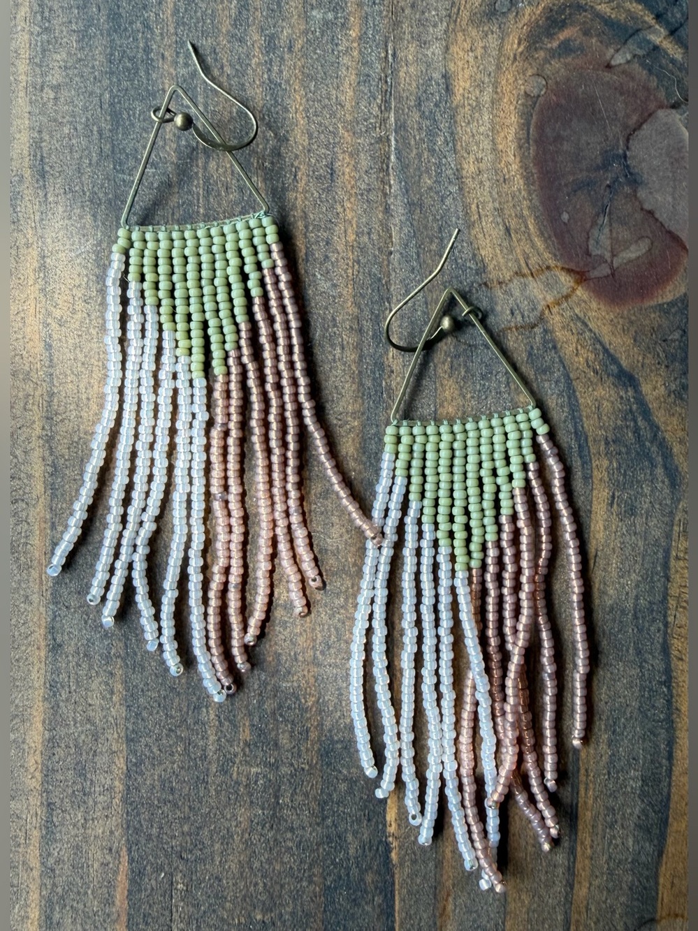 Fringe Seed Bead Dangle Earrings in Pale Green, Blush & White